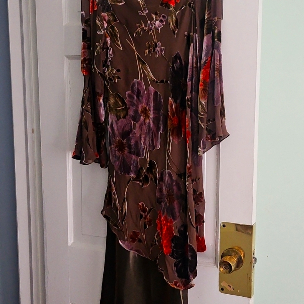 Gown Long Olive Green Slip Gown With Velvet Applique Assymmetrical Overlay